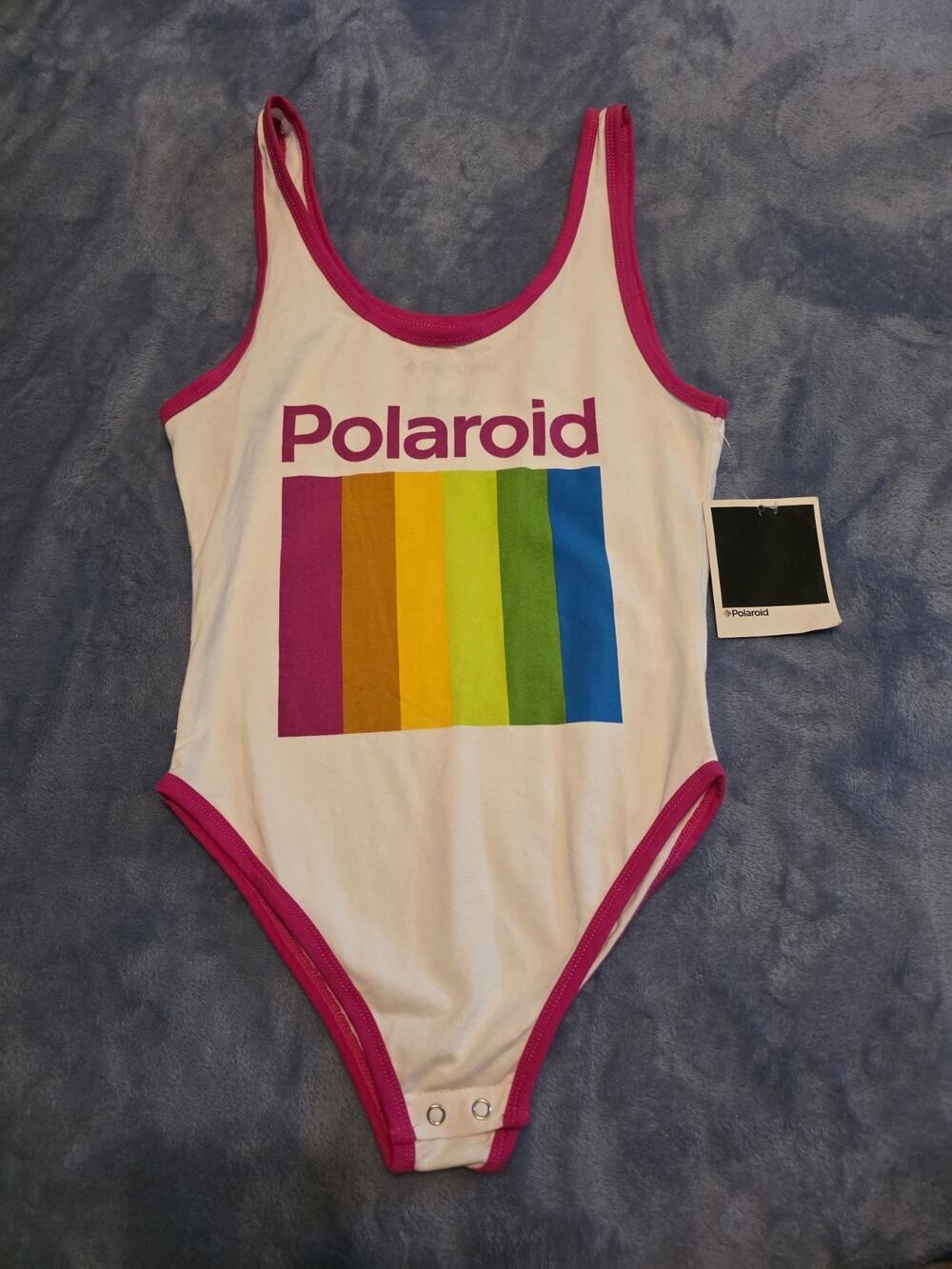Polaroid Womens Small Rainbow Logo Bodysuit White Pink Trim NWT
